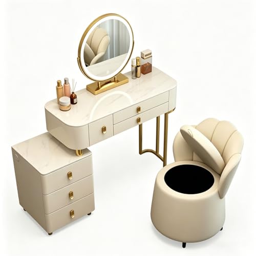 Lsoiup Mesa de Maquillaje Grande con Espejo, gabinete Lateral y Taburete de Almacenamiento, 6 cajones de Almacenamiento Oculto, Moderno Juego de tocador con mesita de Noche for Dormitorio(L:80cm)