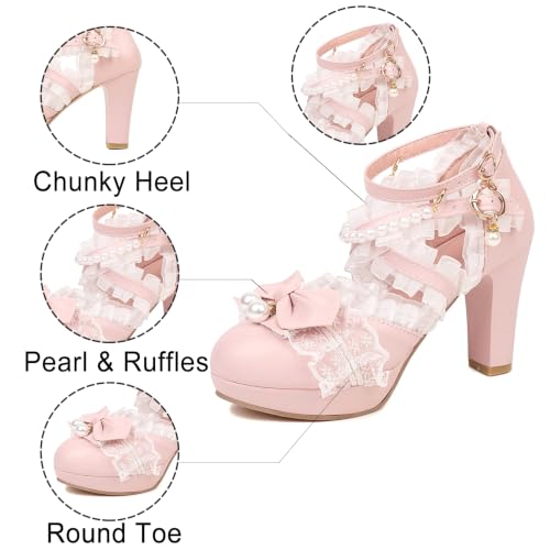 Image of FOREADA Lolita Shoes Platform Mary Jane Heels Kawaii Bow Lace Pearl Pumps | Vintage kawaii lolita styling ideal for dresses, with bead, lace, bow, ankle strap, pink, white and classic black colors