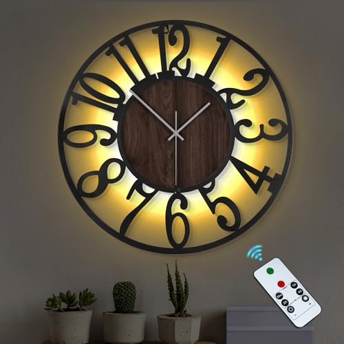 LEIKE Large Wall Clock 24'' Lighted Rustic Wood Clock with
