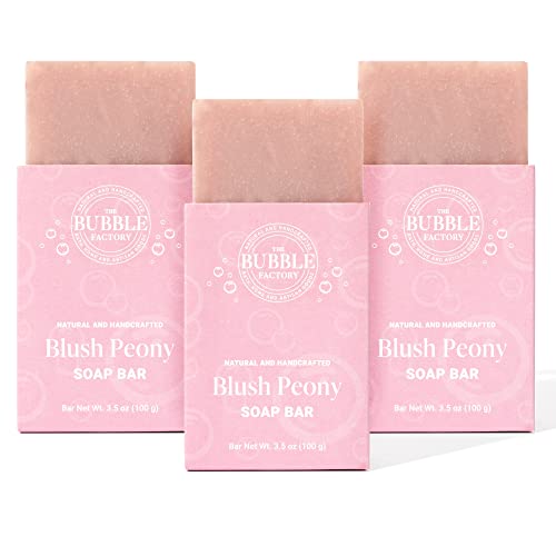 The Bubble Factory Handmade Soap, All Natural Soap for Women & Men, Hand, Bath & Body Natural Bar Soap, Vegan, Palm Oil Free, Made in USA with Shea Butter + Essential Oils, Blush Peony, 3 Bars