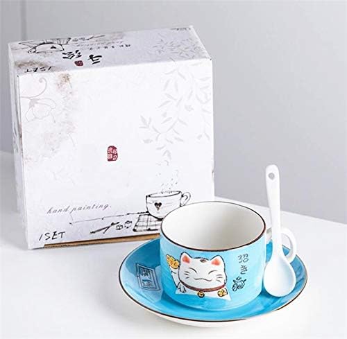 EatingBiting 5 Colors Handcraft Lucky Cat Maneki Neko Ceramic Tea Cups Mugs Dish Spoon 3PCs (blue)
