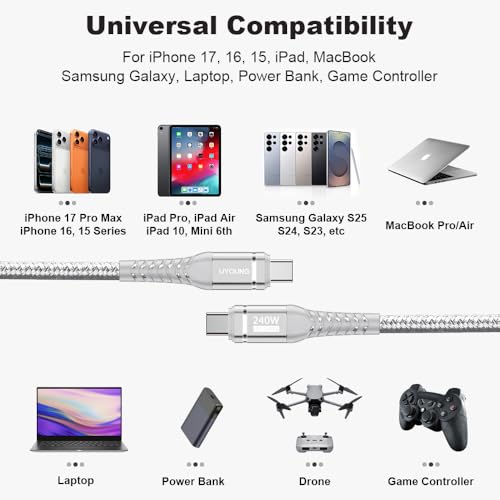 Image of USB C to USB C Cable (6FT, 2Pack) 240W Type C Charger Fast Charging Cord Braided USBC Cables for iPhone 17 Pro Max, 16 15, iPad Pro /Air /10, MacBook, Samsung S25 /S24, Laptops - Silver