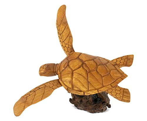 G6 Collection Wooden Hand Carved Turtle On Coral Statue Sculpture Wood Home Decor Figurine Handcrafted Handmade Seaside Tropical Nautical Ocean Coastal Tortoise Coral (12" Long) #TOP10