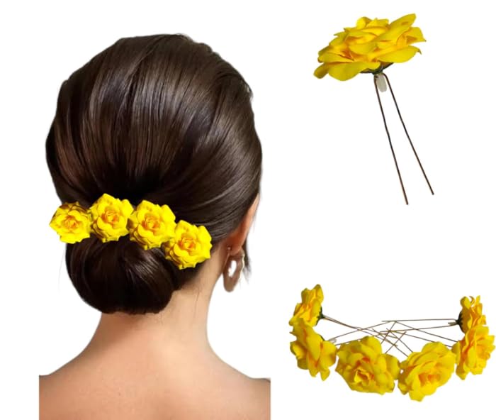 Hair Accessories For Women & Girls – Bridal Brooch & Braid for Hairstyle of Bride, Wedding & Party – Stylish Red Rose Artificial Flowers Bun Juda U Pins & Clips for Style & Decoration Pack of 6 Yellow