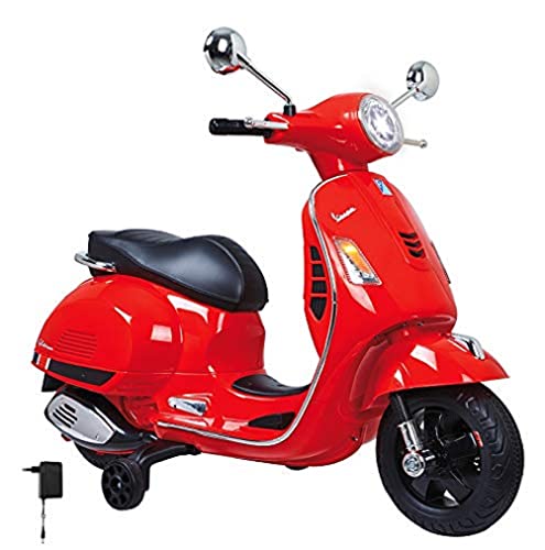 JAMARA 460348 - Ride-on Vespa 12V - Leistungsstarker Antriebsmotor und Akku für lange Fahrzeit, SD-Karten Slot, AUX- und USB-Anschluss, Ultra-Grip Gummiring am Rad, Stützräder, LED-Scheinwerfer, rot