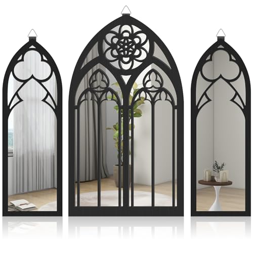 Mamamax 3pcs Miroir Gothique Mural Noir - Ensemble de Miroir Mural Gothique Arche - Petit Miroir Gothique Mural Décoratif Acrylique et Bois - Décoration...