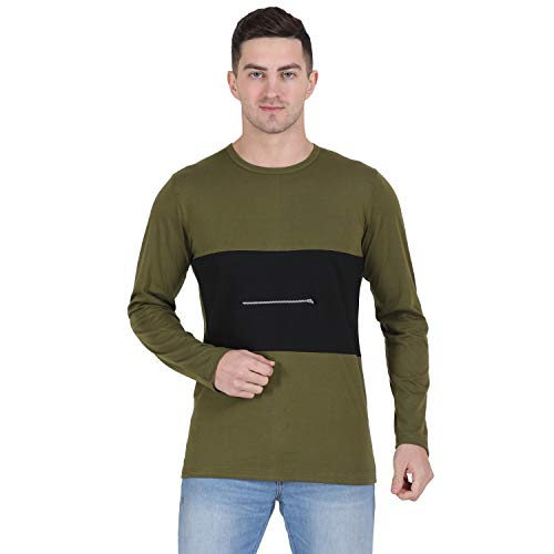Image of Men Olive Green Black with Zip Detail Color Block Round Neck Cotton Full Sleeve T-Shirt