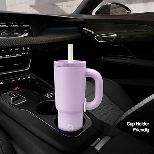 Image of House of Quirk 1200ml Stainless Steel Tumbler with Handle, Straw & Straw Cap | Leakproof Water Bottle | Large Capacity Travel Mug (Lilac)