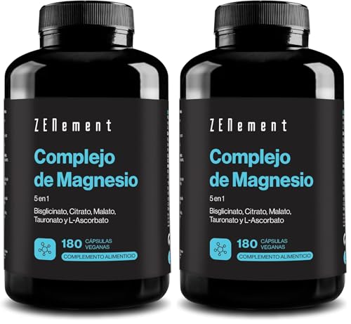 Magnesio Complex 5 en 1 - Bisglicinato, Citrato, Malato, Taurato y L-Ascorbato - Alta Biodisponibilidad y Tolerancia, sin óxido de magnesio - 360 mg por dosis - 180 Cápsulas – Zenement (Paquete de 2)