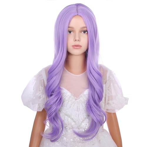 WAVELNM Kids Light Purple Wig Girls Lavender Long Wavy Curly Wigs Chid Cosplay Synthetic Wigs with Wig Cap