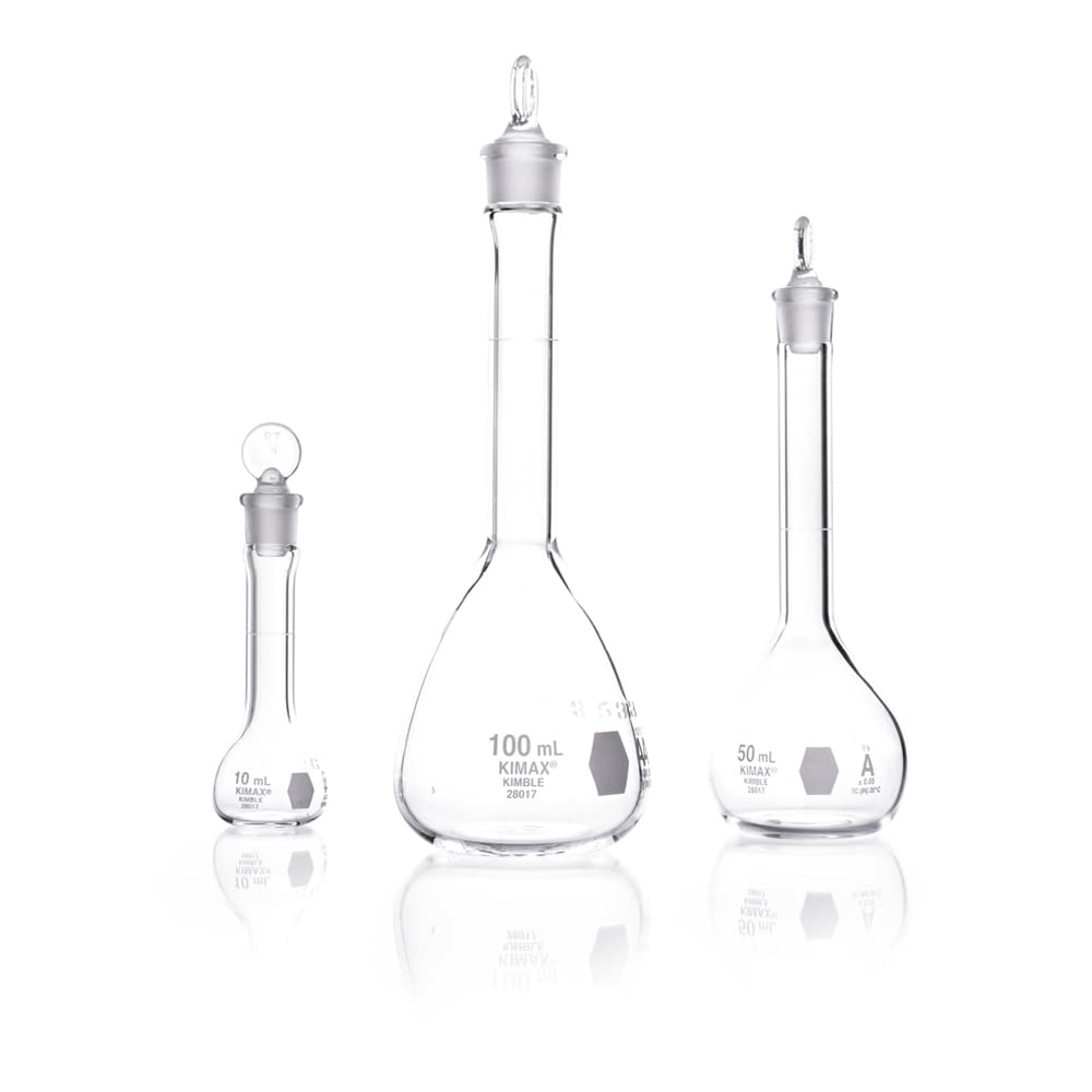 Kimble 28017-500 Borosilicate Glass 500mL, +/-0.20mL Tolerance, Round with Flat Bottom Class A Serialized and Certified Volumetric Flask, with Stopper (Pack of 1)