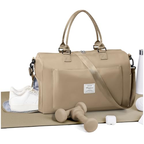 Image of Gym Bag for Women Men Duffle Bags for Travel with Shoe Compartment Shoulder Weekender Overnight Carry on Tote Bags for Airplane Beach Bag Workout Yoga Sport Swimming Khaki