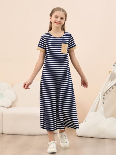 GORLYA Girls Contrast Striped Loose Casual Long Shift Swing Patch Pocket T-Shirt Maxi Dress 6-14Y3