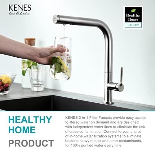 KENES 2-in-1 Water Filter Kitchen Tap, 3 Way Kitchen Mixer Taps with Drinking Water Filter Tap, Single Lever Kitchen Sink Mixer Taps, 100% Lead-Free Pure Filter Kitchen Tap, Brushed Nickel KE-8090