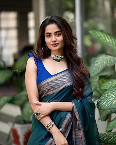 Image of SGF11- Women's Cotton Zari Woven Soft Silk Saree With Blouse Piece (Green)