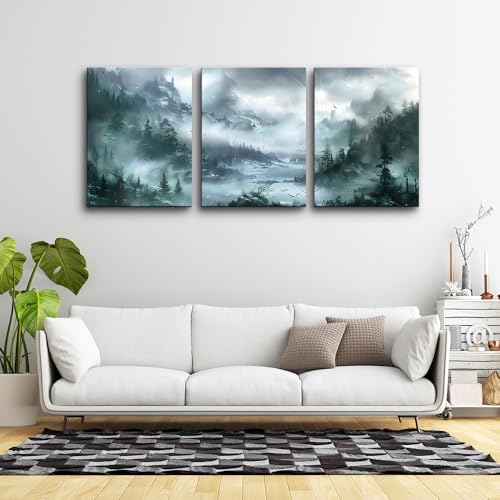 DZRWUBHS Wall Art For Living Room Canvas Wall Decor For Bedroom Office Wall Decorations Misty Forest Landscape Wall Paintings Modern Room Wall Pictures Artwork Home Decor Ready To Hang 3 Pieces