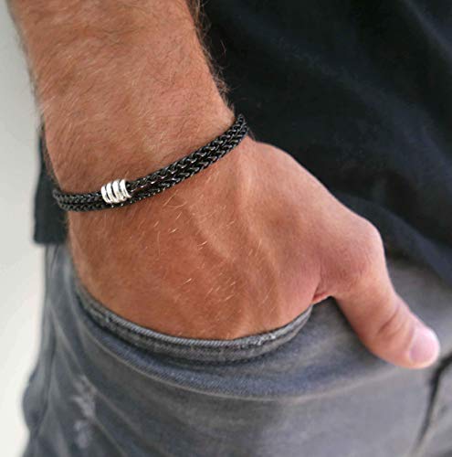 Black Plated Over Stainless Steel Chain Bracelet For Men Set With Stainless Steel Bead - Beaded Bracelet For Men - Total Length 14.7" #TOP1