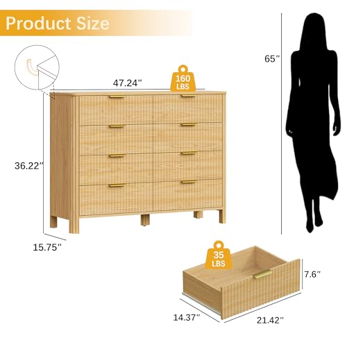 Image of Wodeer 8 Drawer Dresser for Bedroom, 47 inch Wide Wood Storage Cabinet with Fluted Design, Modern Chest of Drawers & TV Stand for Living Room, Nursery Clothing Organizer with Metal Slides, Anti-Tipping