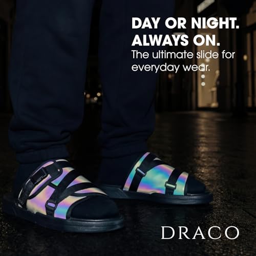 Image of Draco DracoSlides Reflective Slides for Men and Women, Wrapped in Reflective 3M with Adjustable Straps for Wide /Narrow Feet, Sandals with Arch Support & Slip Resistant, Men & Women Footwear, Black