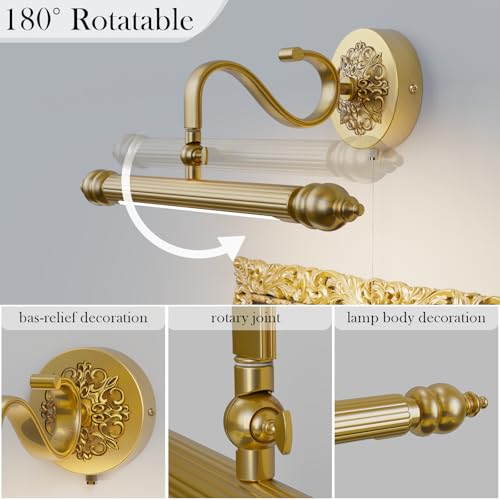 ACMHNC Spiegellampe Badezimmer Vintage, LED Spiegelleuchte Bad mit Zugschalter, IP44 Badlampe Wand, 4000K, 51cm Wandleuchte Bad 240 ° Drehbar, Gold Make Up Light für Badzimmer Schminktisch, 8W