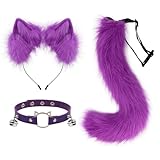 hbbhml Furry Animal Cat Fox Tail Faux Fur Wolf Ear Headband Leather Neck Chocker Costume Set for Party Halloween Cosplay