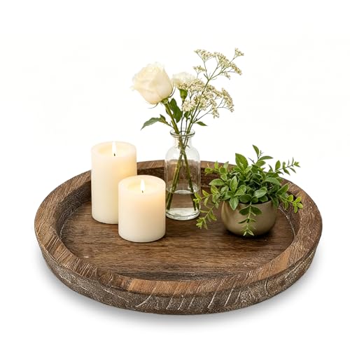 11 Inch Round Distressed Dark Brown Paulownia Wood Candle Tray with 3 Small Sturdy Feet, Rustic Farmhouse Decor for Coffee Table, Bathroom Vanity & Home Centerpieces