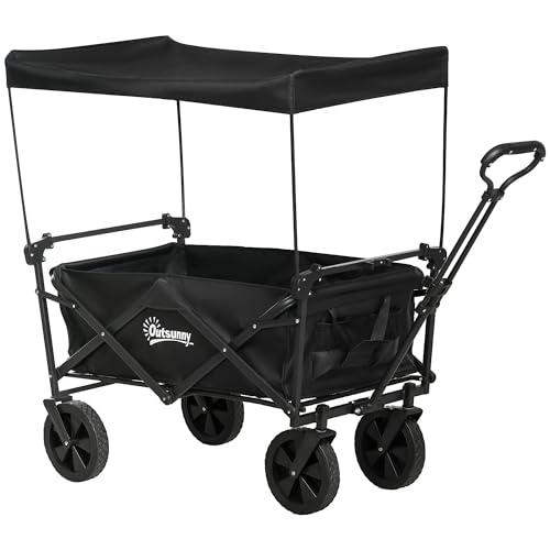 Outsunny Carrello Da Giardino 110L Con Maniglia Telescopica E Tettuccio, Carrello Da Giardinaggio In Acciaio E Tessuto Oxford, Nero