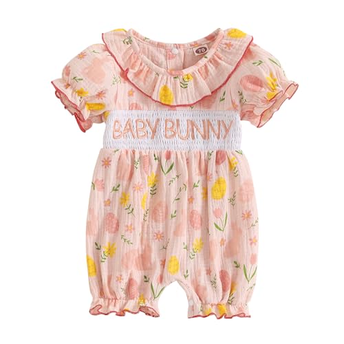 mlpeerw Baby Girl Easter Outfit Newborn Smocked Bubble Romper Bunny Eggs Print Jumpsuit Bodysuit Cute Easter Summer Clothes (Baby Bunny Pink 12-18 Months)