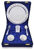 BENGALEN Juego de vajilla chapado en plata con caja de regalo de terciopelo azul para ceremonia de arroz de bebé, regalos de Annaprashan Sanskar para niños y niñas, cumpleaños, regreso, artículos