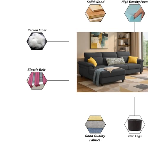 Image of Casaliving Seams LHS 4 Seater L Shape Sofa for Living Room (Black Fabric) Premium Fabric Sofa