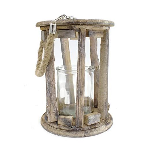 DARO DEKO Holz-Laterne mit Kerzenglas und Seil-Griff S - Ø 14 x 19cm