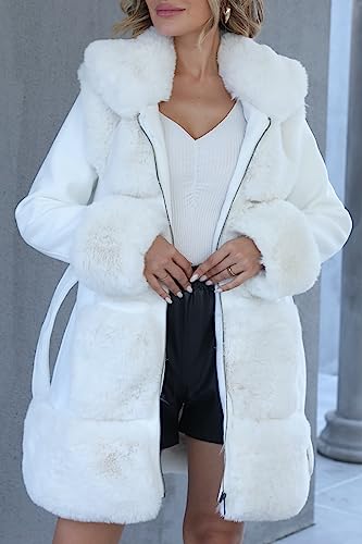 Giolshon Damen Langer Pelzjacke aus Kunstwollmischung mit Gürtel Gepolsterter Bubble Parka Mantel Isolierte Sherpa Fleece Oberbekleidung 241A Beige XXL