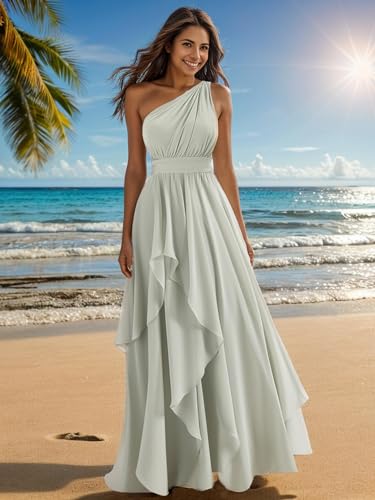 One Shoulder Bridesmaid Dresses for Women Ruffles A-Line Chiffon Ruched Formal Gown with Pockets3
