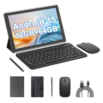 HOTTABLET Tablet Android 15 de 10 polegadas, 10 (4 + 6 expansões) GB de RAM + 64 GB de ROM, câmera dupla de 2 + 8 MP, bateria de 6000 mAh (tablet + estojo + caneta stylus + teclado + mouse), preto