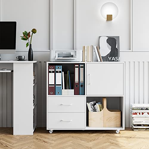 Urkno 2 Drawer Mobile File Cabinet, Wood Lateral Filing Cabinet With Door, Rolling Printer Stand With Open Storage Shelves, Office Cart For Home Office, White #TOP1