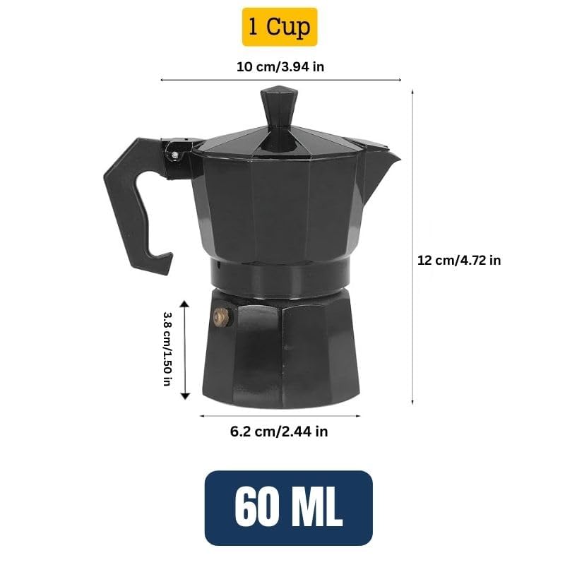 Image of 1 Cup Stovetop Espresso Maker Moka Pot (60 ML) | Classic Italian Coffee Maker for Espresso, Cappuccino & Latte | Durable Cast Aluminum Body | Suitable for Gas & Electric Cooktops | Black