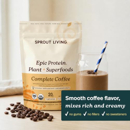 Image of Sprout Living, Epic Protein, Plant Based Protein & Superfoods Powder, Complete Coffee | 20 Grams Organic Protein Powder, Adaptogens, Mushrooms, Vegan, Non-GMO, Gluten Free (1 Pound, 12 Servings)
