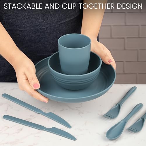Belle Vous 4-tlg. Camping Geschirr aus Kunststoff - Campinggeschirr Set enthält Schüssel Teller Becher Messer Gabel Löffel - Camping-Geschirr Set - Picknick Geschirr - Navy Blau