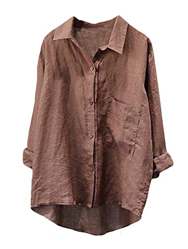 Minibee Women's Casual Cotton Linen Blouse High Low Shirt Long Sleeve Tops (M, Coffee)