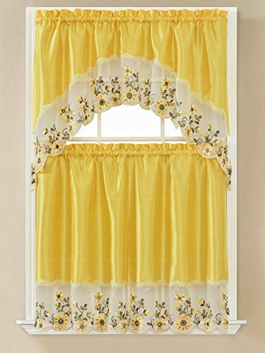 B&H Home Adeline Floral Embroidered 3-Piece Kitchen Curtain Window Treatment Set (Adeline Yellow)