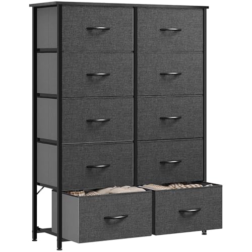 GOOBED 10 Drawer Dresser - Fabric Storage Tower, Organizer Unit for Living Room, Hallway, Closets - Sturdy Steel Frame, Wooden Top & Easy Pull Fabric Bins