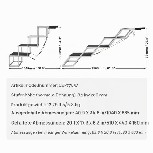 VEVOR Hundetreppe bis zu 113 kg belastbar, 4-stufige Hunderampe, zusammenklappbare Haustiertreppe mit Rutschfester Oberfläche, Einstiegshilfe Hund Auto, Treppen & Stufen für Auto, SUV und LKW