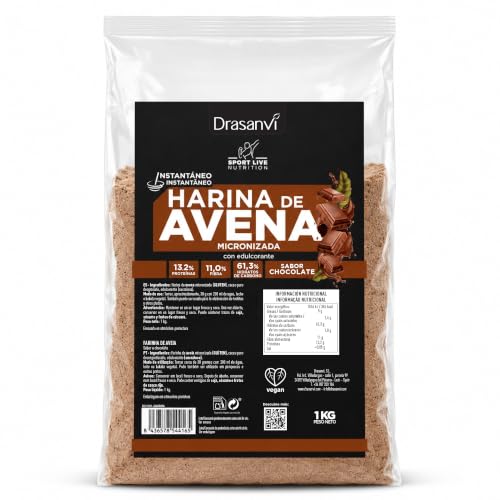 Drasanvi HARINA AVENA SABOR CHOCOLATE 1Kg SPORT LIVE | Fuente Natural de Proteinas y Vitaminas del Grupo B y E, Alto Contenido en Fibra, Ideal para el Desayuno, Sport Live