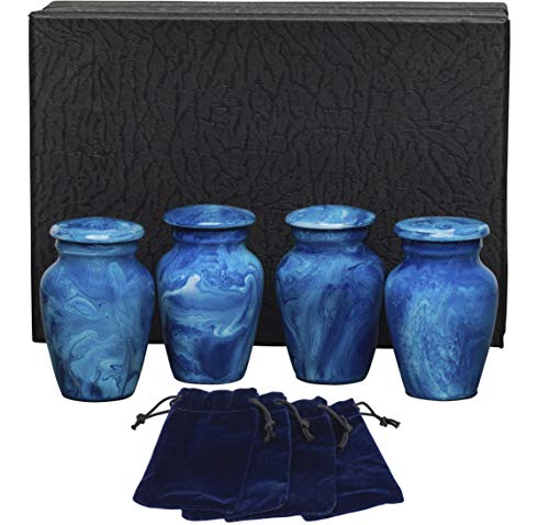 Eternal Harmony Small Keepsake Urn 4-Pack, Male & Female Mini Keepsake Urns for Human Ashes with Elegant Finishes, Secure Seal & Velvet Bag, Small Urns for Ashes Up to 3 Cubic Inches (Blue Milo)