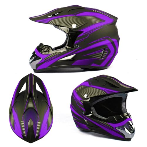 Casco Integrale da Motocross Per Bambini E Adulti, Atv, Fuoristrada, Fuoristrada, Omologato DOT, con Occhiali, Guanti E Maschera(YY Purple lines,XL (58-59cm))