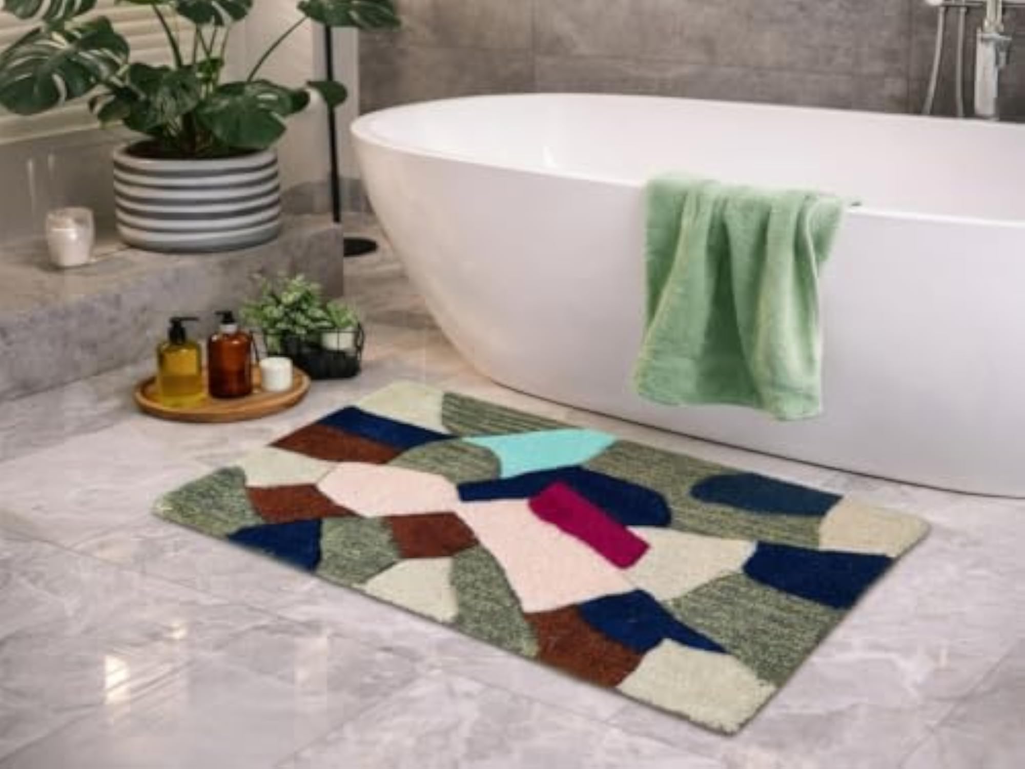 Hand Tufted Wool Bath Mat, Soft Absorbent Non-Slip