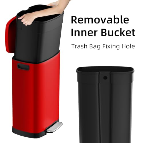 Image of KUK 13 Gallon Kitchen Trash Can with Lid, 50L /13Gal Office Step Garbage Can for Home, Kitchen, Laundry Room, Office, Brushed Stainless Steel, Red