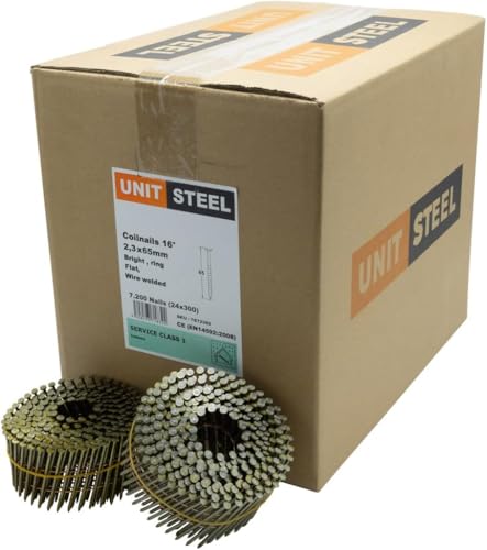 UnitSteel 15° Coilnägel - 2,3X65mm, 7.200 stück, Ringnägel für Druckluft-Nagler, Ring/Blank, für fast alle Marken von Tackern