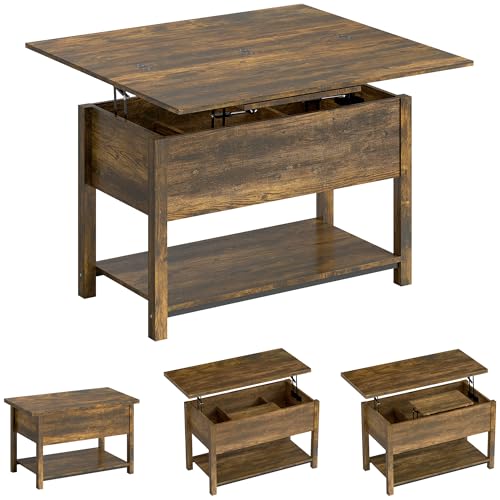 HOMCOM - HOMCOM Table Basse relevable et Extensible, Table de Salon avec Plateau Pliant, Compartiment caché et étagère Ouverte, Style Moderne, pour Salon, Bureau, Manger, 100 x 45 x 50,5 cm, Brun Rustique