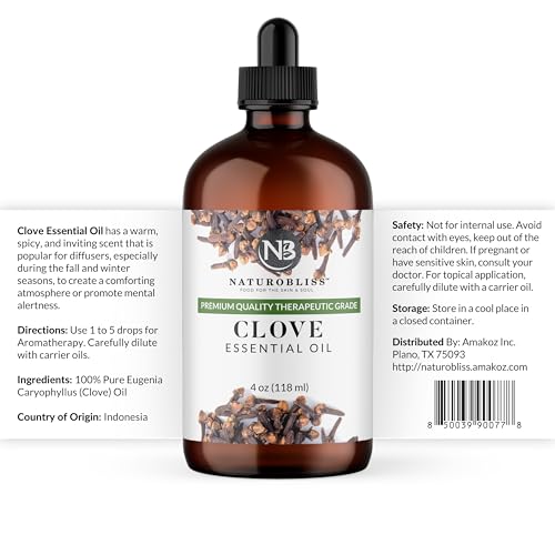 Image of NaturoBliss Clove Essential Oil 4 oz - 100% Pure Clove Bud Oil for Aromatherapy, Diffuser & Humidifier Use, Warm Spicy Scent for Home Fragrance, Large Amber Glass Bottle
